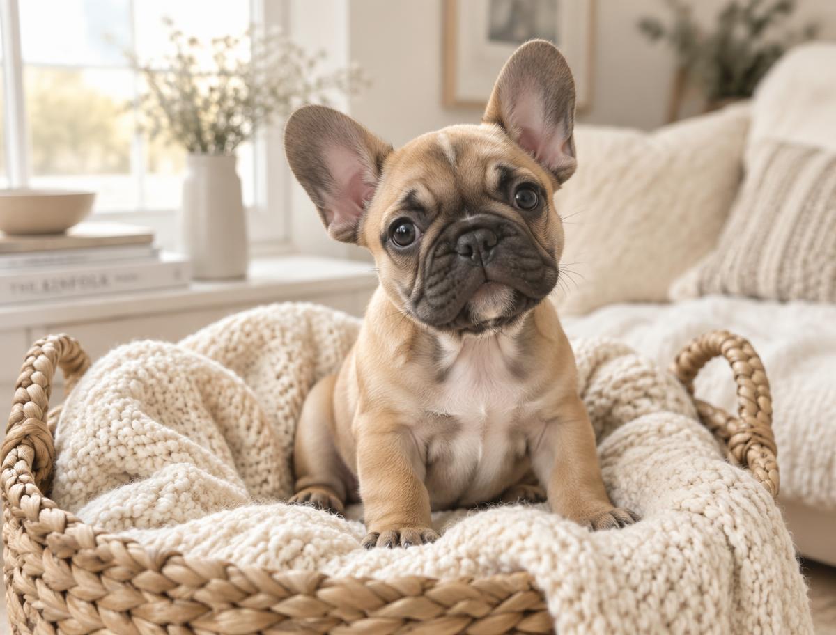 French Bulldog puppy for sale resting in a basket