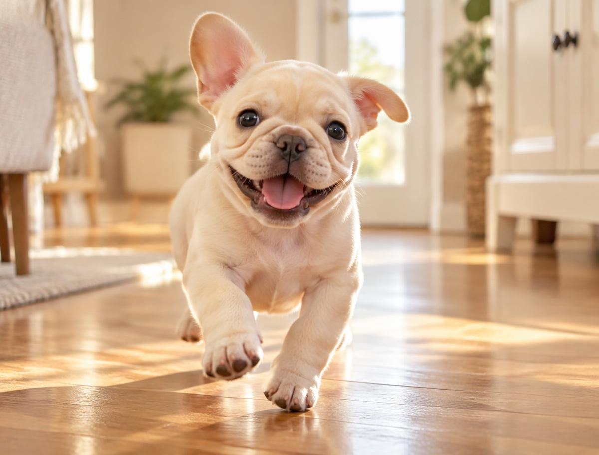 Available French Bulldog puppy running on grass